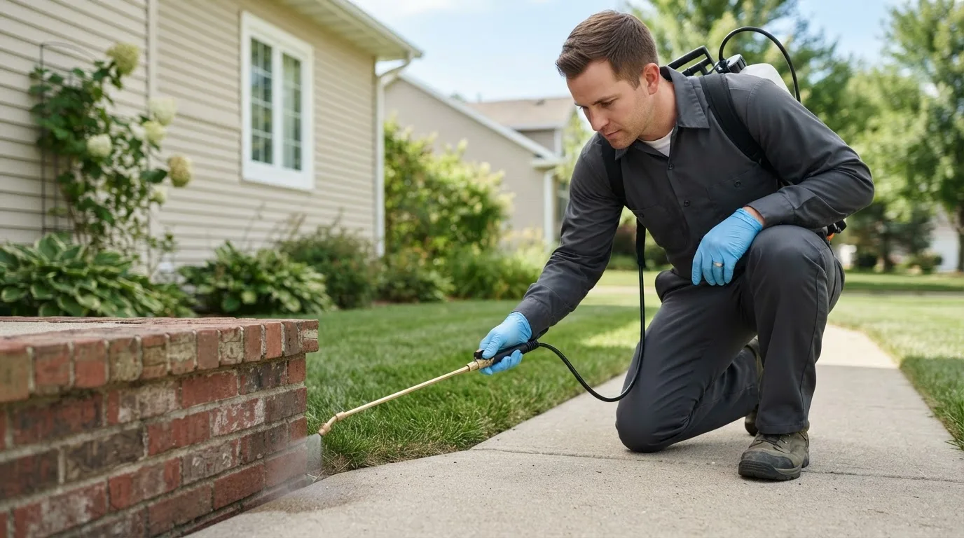 Pest control technician treating a home near Freetown, IN